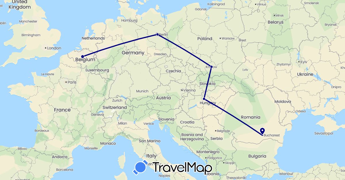 TravelMap itinerary: driving in Belgium, Germany, Hungary, Poland, Romania (Europe)